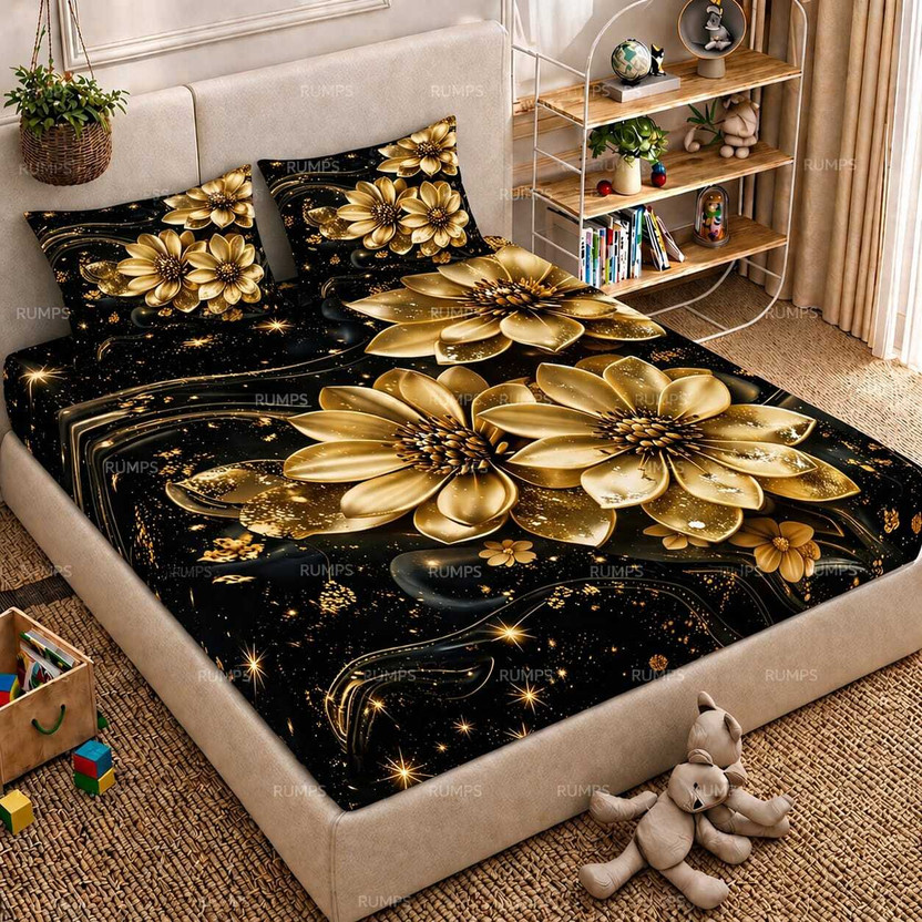Rumps Cotton Double Flat 450 TC 3D Printed 1 Bedsheet with 2 Pillow Covers(Multicolor, 7D Digital black flower)