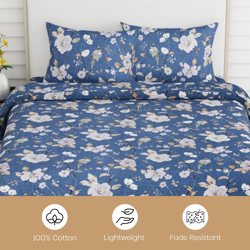 haus & kinder Cotton King Flat 186 TC Floral 1 Bedsheet with 2 Pillow Covers(Blue)