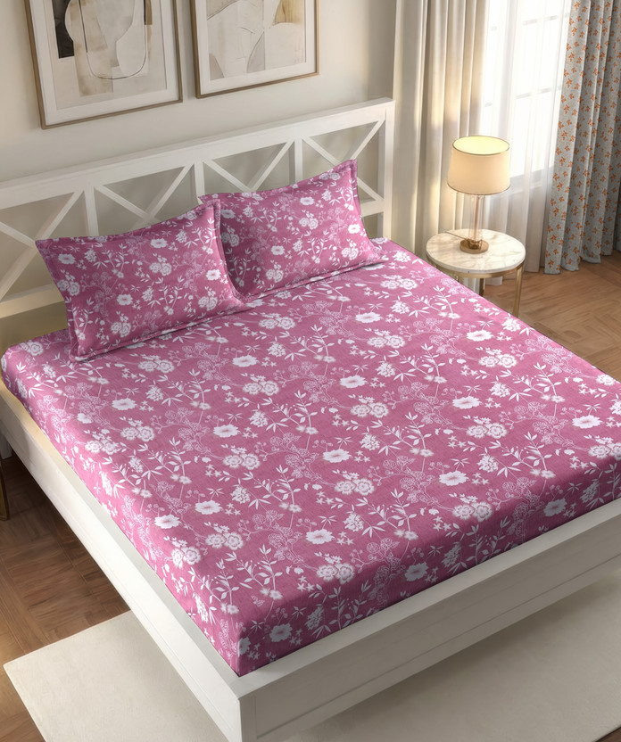 IWS Cotton Double Flat 144 TC Floral 1 Bedsheet(Multicolor, Pink)