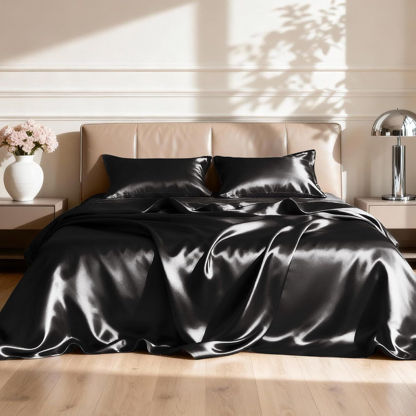 ALISHIBACASA Silk King Flat 400 TC Solid 1 Bedsheet(Black)