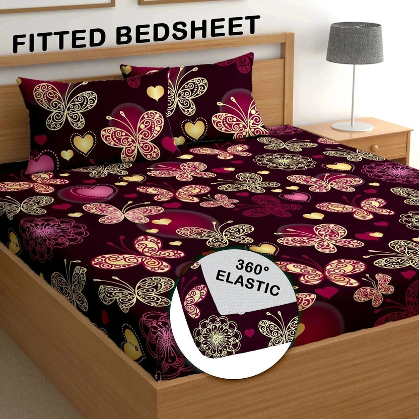 EchoDwell Cotton King Fitted (Elastic) 254 TC Printed 1 Bedsheet with 2 Pillow Covers(Pink Butterfly)