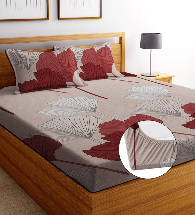 EXFAB Cotton King Fitted (Elastic) 244 TC Printed 1 Bedsheet with 2 Pillow Covers(Multicolor)