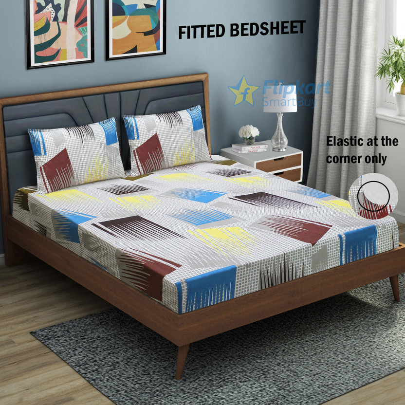 Flipkart SmartBuy Microfiber Double Fitted (Elastic) 120 TC Abstract 1 Bedsheet with 2 Pillow Covers(Multicolor)
