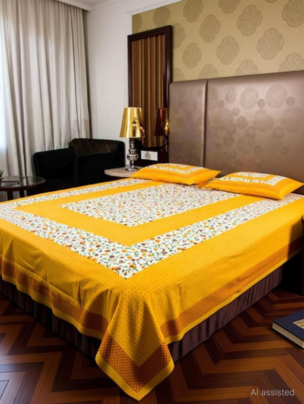 FABBON INDIA Cotton Double Flat 280 TC Jaipuri Prints 1 Bedsheet with 2 Pillow Covers(Yellow)
