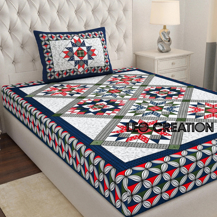 Leo Creation Cotton Single Flat 144 TC Jaipuri Prints 1 Bedsheet with 2 Pillow Covers(Blue, Green, Red, Grey, Light Grey)