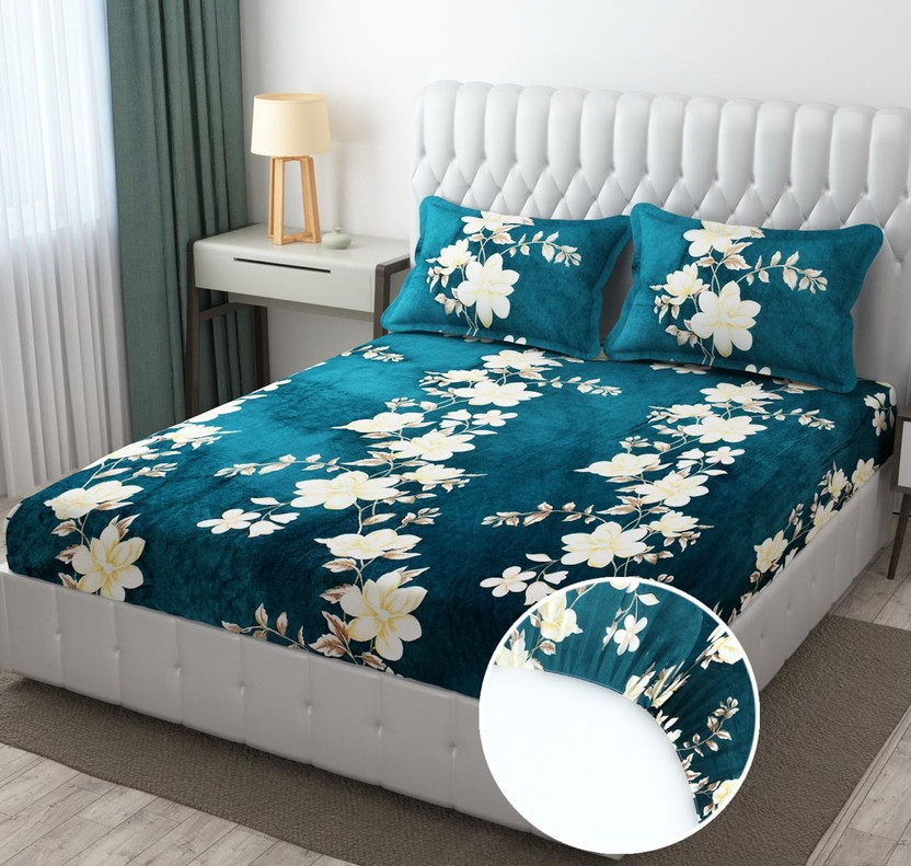Rumps Woolen King Fitted (Elastic) 450 TC Printed 1 Bedsheet with 2 Pillow Covers(Green)