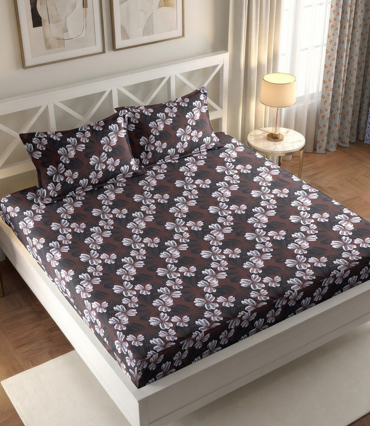 IWS Cotton Double Flat 144 TC Floral 1 Bedsheet(Brown)