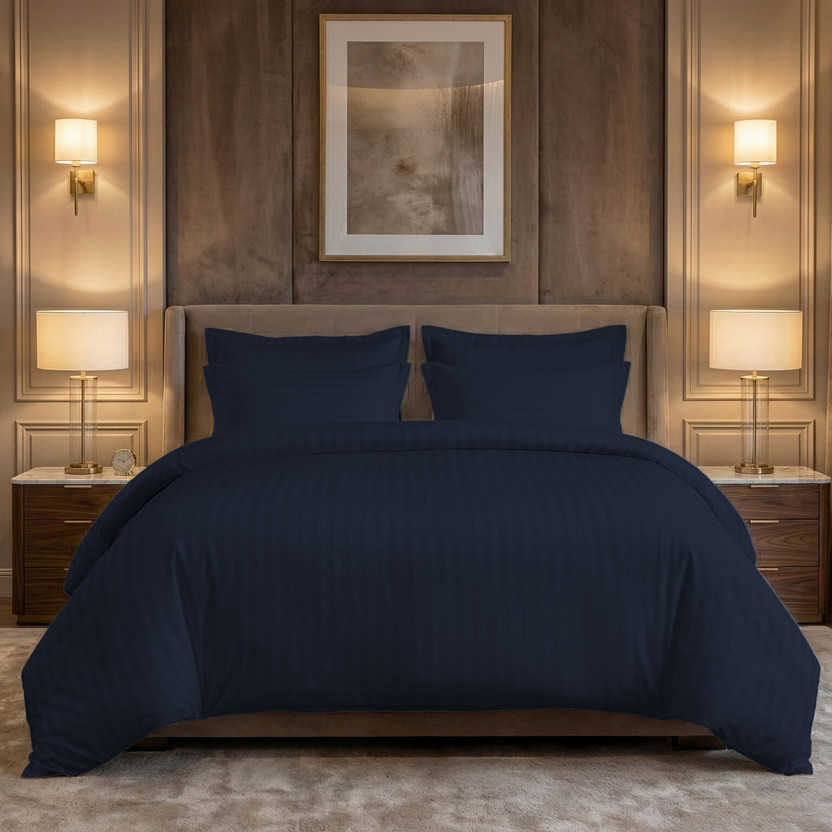 LINENWALAS Cotton King Fitted (Elastic) 300 TC Striped 1 Bedsheet with 2 Pillow Covers(Navy Blue)