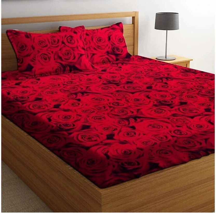 LFAH Cotton Double Flat 185 TC Printed 1 Bedsheet with 2 Pillow Covers(Red)