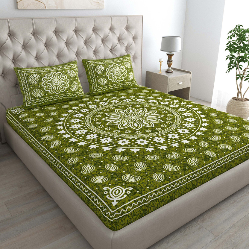 BharatLinen Cotton King Flat 144 TC Jaipuri Prints 1 Summer Bedsheet with 2 Pillow Covers(Green, White, Dark Green)