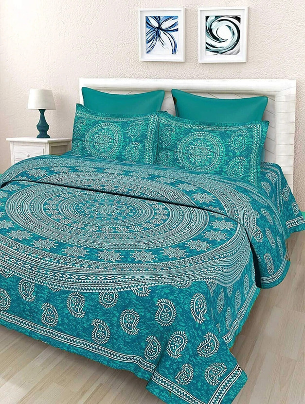 Cosito Cotton Double Flat 144 TC Printed 1 Bedsheet with 2 Pillow Covers(Sea Green)