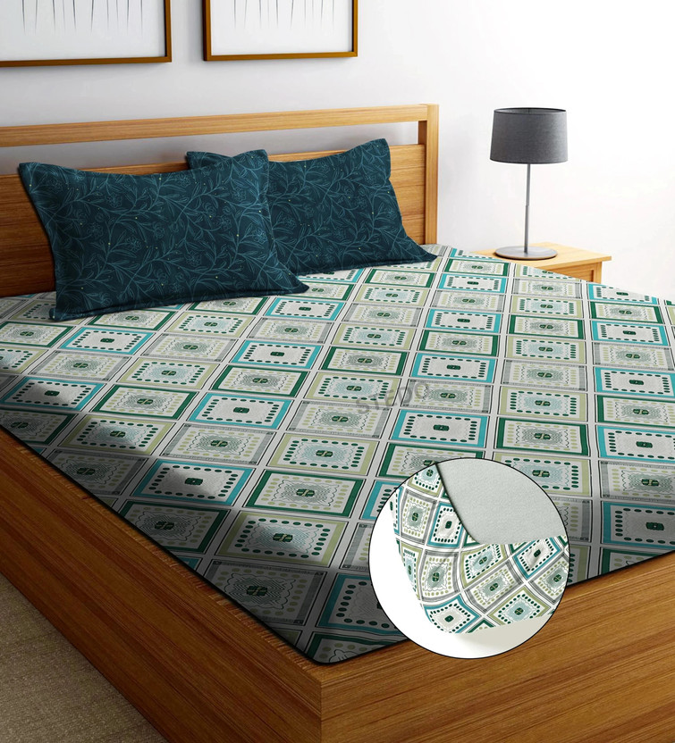 STEDO Cotton Double, King Fitted (Elastic) 250 TC Floral 1 Bedsheet with 2 Pillow Covers(Dark Green)