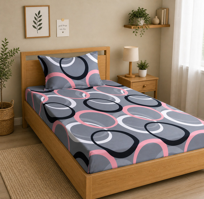 HomShark Cotton Blend Single Flat 250 TC Geometric 1 Summer Bedsheet(Grey)