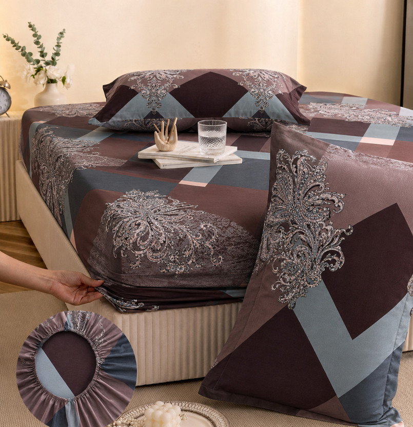 YaAkholic Cotton King Fitted (Elastic) 242 TC Printed 1 Summer Bedsheet with 2 Pillow Covers(Beige, Brown)