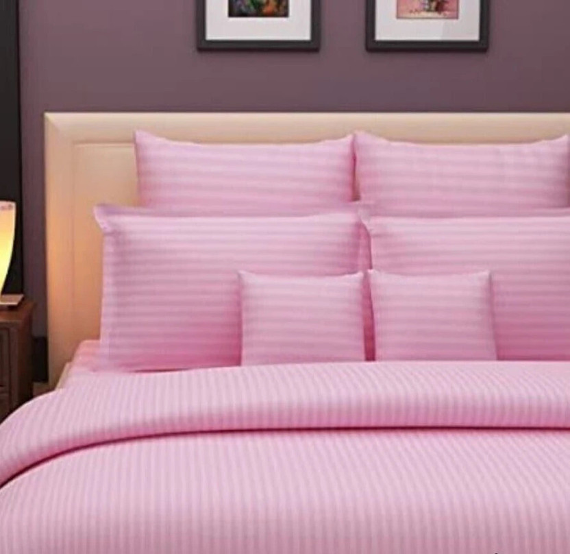 YASHI DÉCOR Cotton King Flat 120 TC Striped 1 Bedsheet with 2 Pillow Covers(Pink)