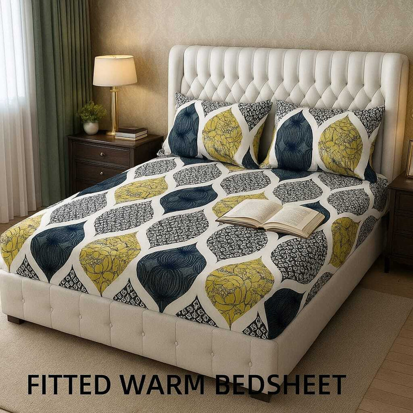 kajims Woolen King Fitted (Elastic) 320 TC Floral 1 Bedsheet with 2 Pillow Covers(pan pata)