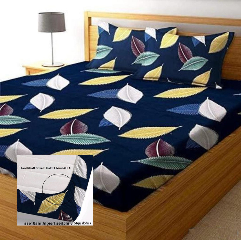 TomCruise Cotton Double Fitted (Elastic) 310 TC Printed 1 Bedsheet with 2 Pillow Covers(Multicolor)