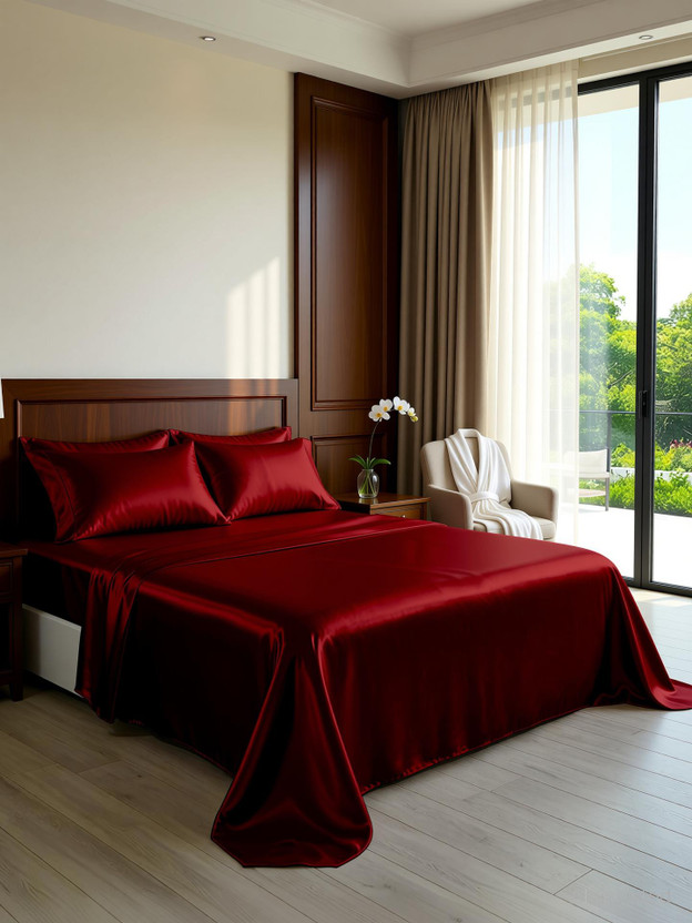YRM Silk Single Flat 400 TC Solid 1 Bedsheet with 2 Pillow Covers(Burgundy)