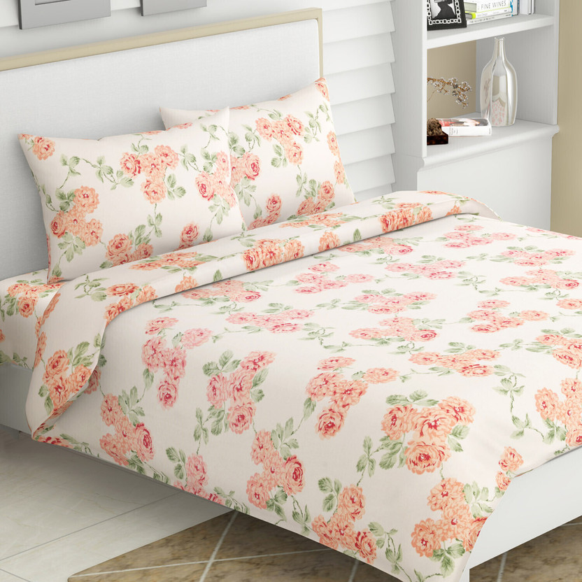 haus & kinder Cotton King Flat 120 TC Printed 1 Bedsheet with 2 Pillow Covers(White, Red)