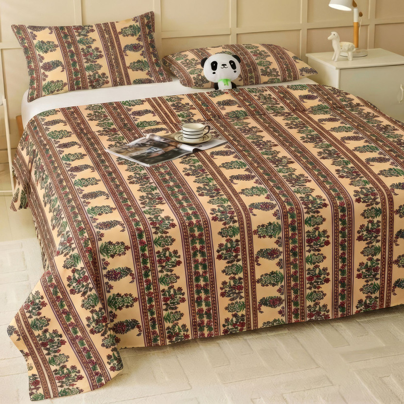 Story@home Microfiber Double Flat 160 TC Floral 1 Bedsheet with 2 Pillow Covers(Beige)