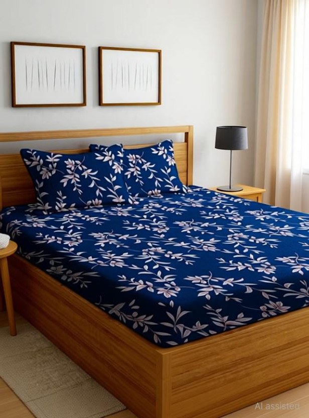 kajims Cotton Queen Fitted (Elastic) 320 TC Printed 1 Bedsheet with 2 Pillow Covers(Blue)