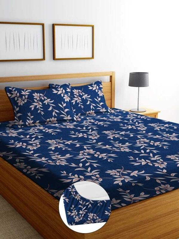 kajims Cotton Queen Fitted (Elastic) 320 TC Printed 1 Bedsheet with 2 Pillow Covers(Blue)
