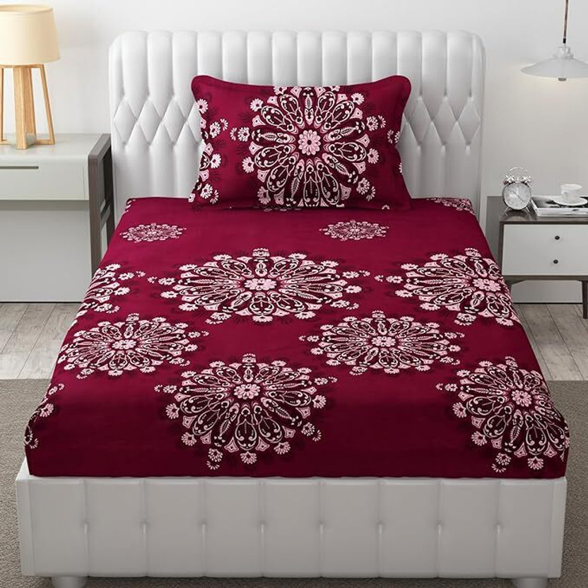 Dahlia Polycotton Single Fitted (Elastic) 200 TC Printed 1 Bedsheet with 2 Pillow Covers(Wine 3)