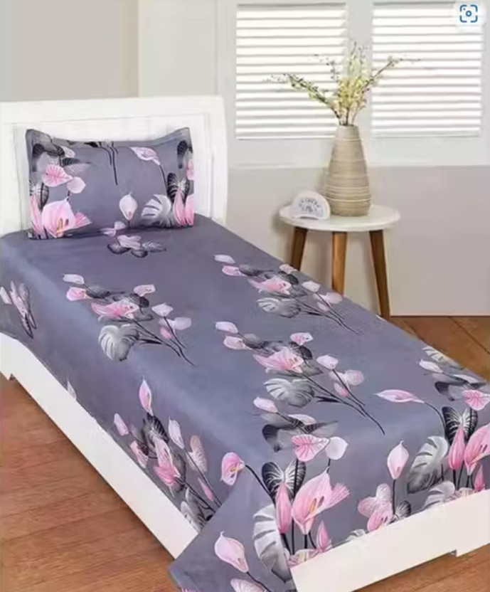 angeet Cotton Single Flat 220 TC Floral 1 Bedsheet with 2 Pillow Covers(Grey)