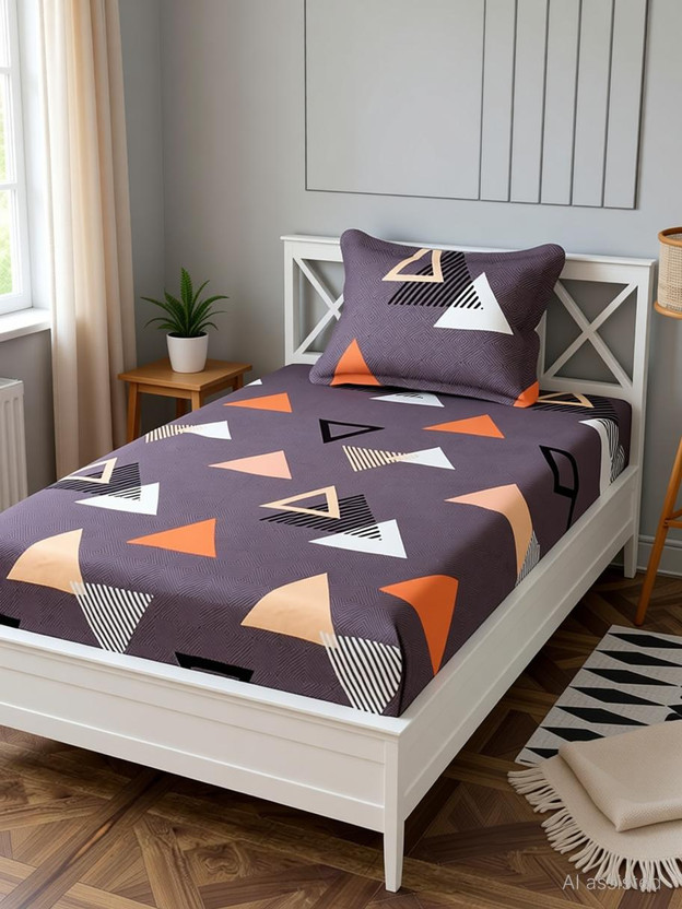 Dahlia Polycotton Single Fitted (Elastic) 200 TC Printed 1 Bedsheet with 2 Pillow Covers(Wine 2)