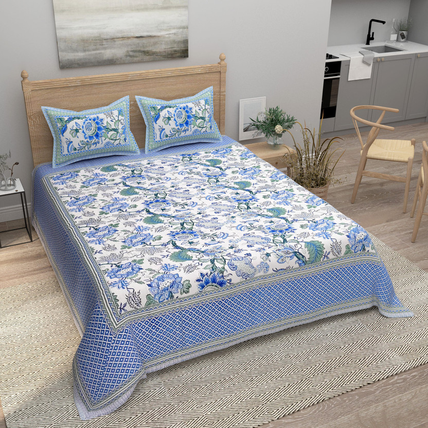 Bombay Spreads Cotton King Flat 140 TC Jaipuri Prints 1 Bedsheet with 2 Pillow Covers(Skyblue)