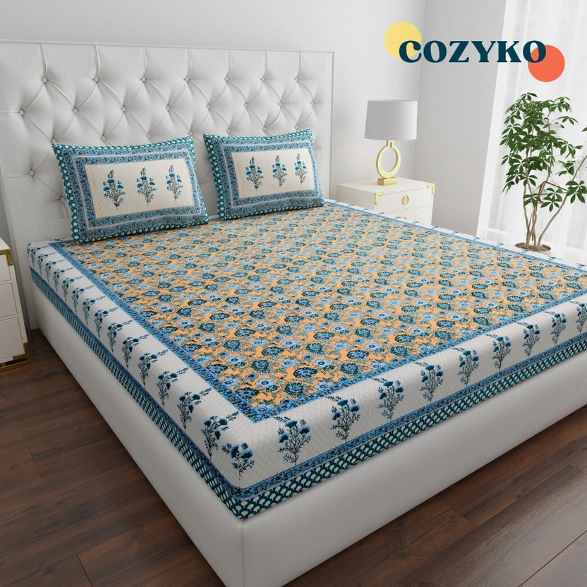 COZYKO Cotton King Flat 200 TC Jaipuri Prints 1 Bedsheet with 2 Pillow Covers(Green)