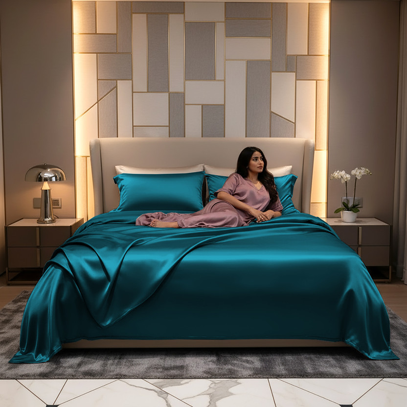 pure eco Silk Double Flat 400 TC Solid 1 Bedsheet with 2 Pillow Covers(Teal)