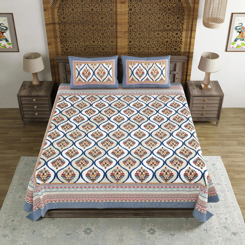 Blocks Of India Cotton King Flat 140 TC Printed 1 Bedsheet with 2 Pillow Covers(Blue)