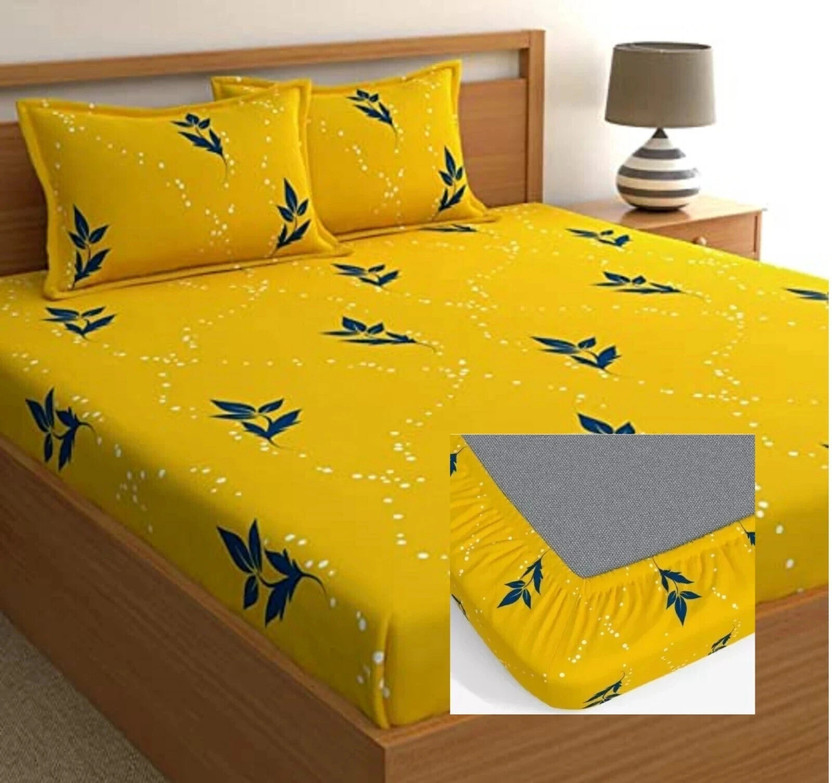 kajims Cotton Queen Fitted (Elastic) 320 TC Printed 1 Bedsheet with 2 Pillow Covers(Multicolor)