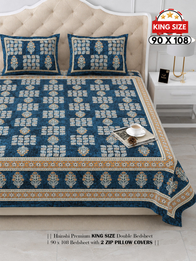 HANSHI Cotton King Flat 260 TC Jaipuri Prints 1 Bedsheet with 2 Pillow Covers(Blue, Orange, Golden, White)