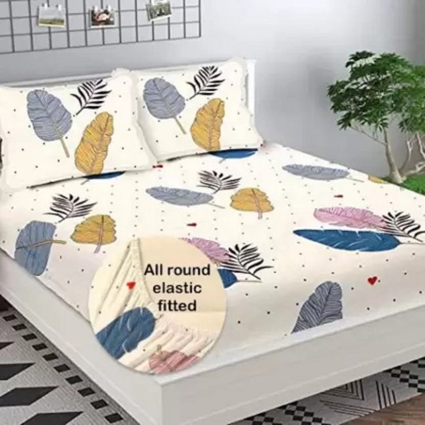 TerryFox Cotton Double Fitted (Elastic) 320 TC Printed 1 Bedsheet with 2 Pillow Covers(Multicolor)