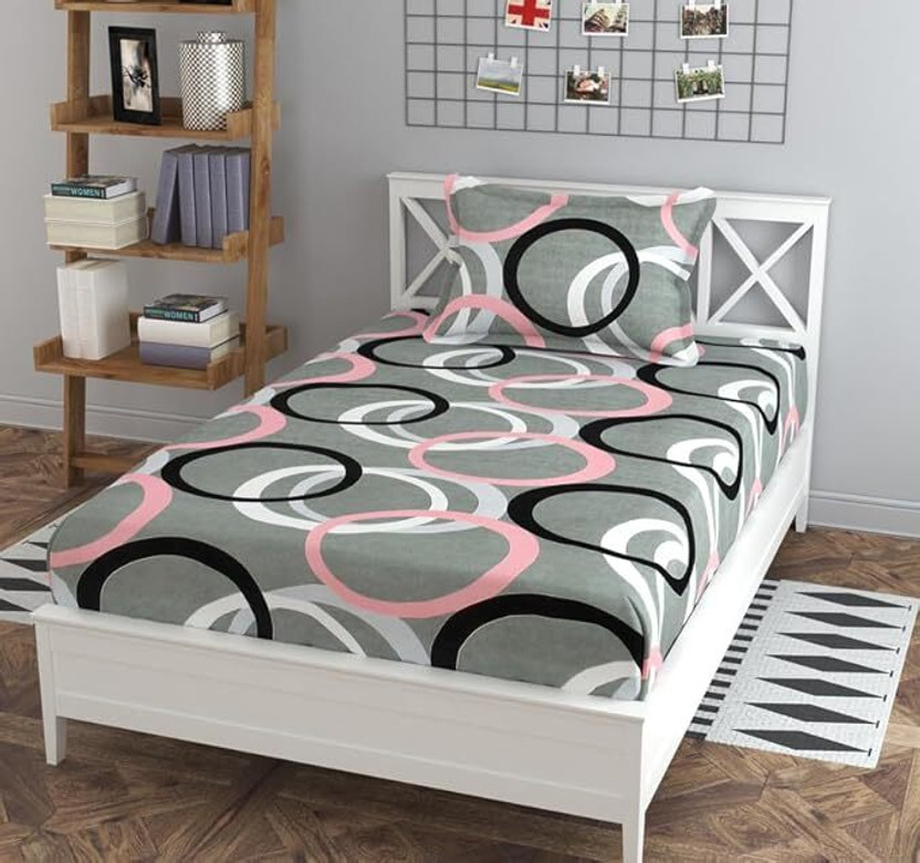 CottonDreamz Cotton Single Flat 220 TC Striped 1 Bedsheet with 2 Pillow Covers(Grey)