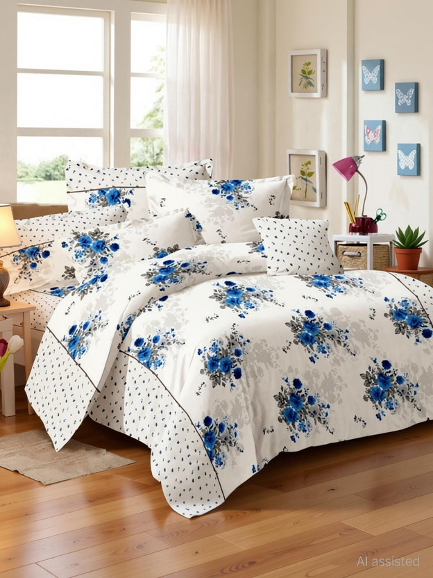 Bhardwaj Shivay Cotton Double Flat 250 TC Printed 1 Bedsheet with 2 Pillow Covers(Blue)