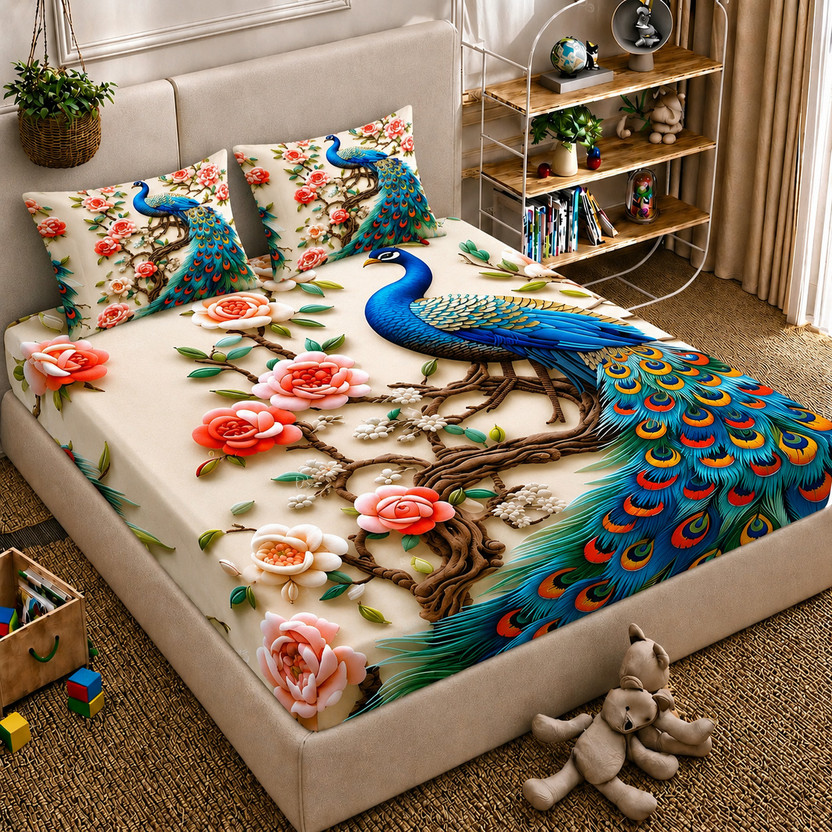 Ditya Cotton Double, King, Queen Flat 410 TC 3D Printed 1 Summer Bedsheet with 2 Pillow Covers(Multicolor)