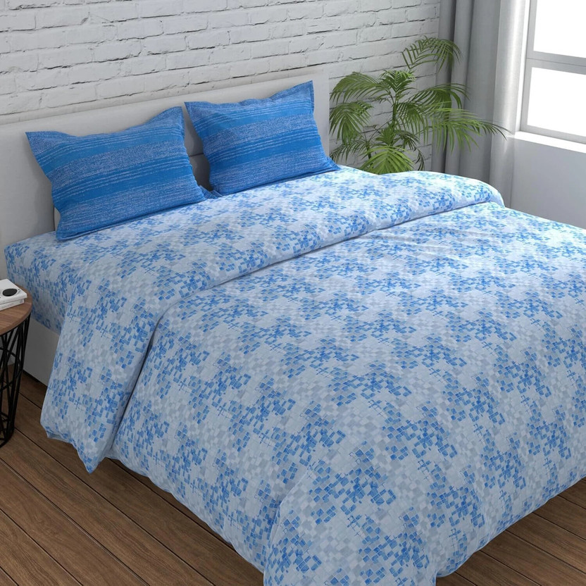 Huesland Cotton King Flat 144 TC Printed 1 Bedsheet with 2 Pillow Covers(Blue, Grey & White)