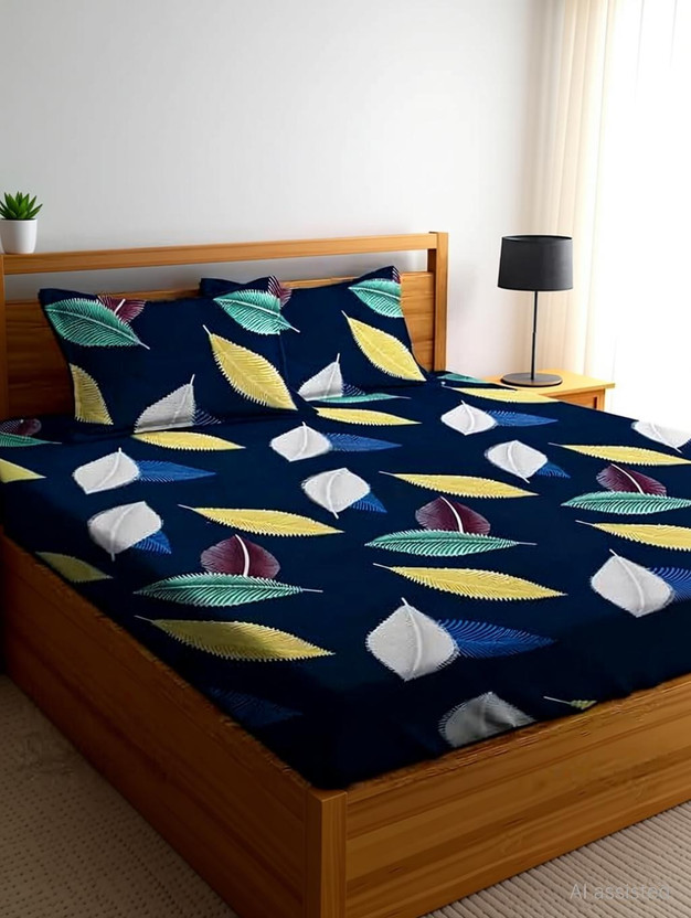 ARDM Cotton Double Fitted (Elastic) 144 TC Floral 1 Bedsheet with 2 Pillow Covers(Blue)