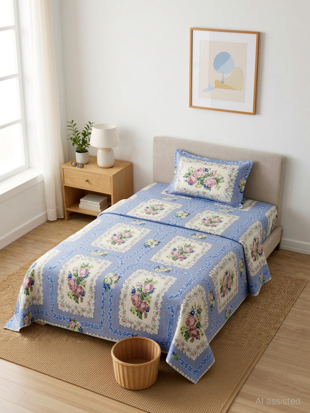 Linen & Loom Cotton Single Flat 240 TC Printed 1 Bedsheet(Brown, Blue)