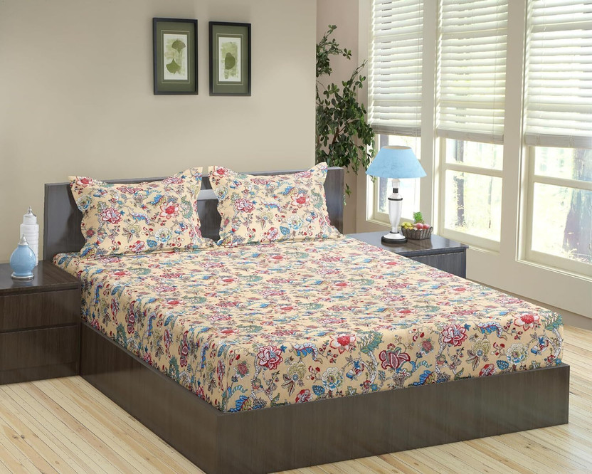 Trance Trance Home Linen Cotton Queen Fitted (Elastic) 144 TC Printed 1 Bedsheet with 2 Pillow Covers(Mlahaar Red) - Flipkart Deal