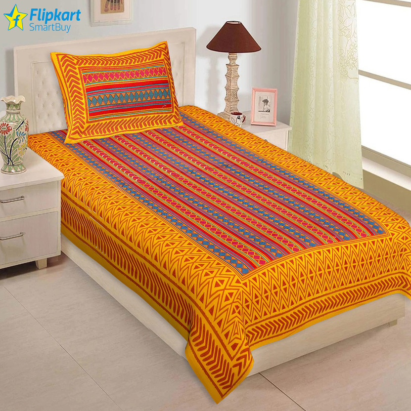 Flipkart SmartBuy Cotton Single Flat 180 TC Jaipuri Prints 1 Bedsheet with 2 Pillow Covers(Yellow)