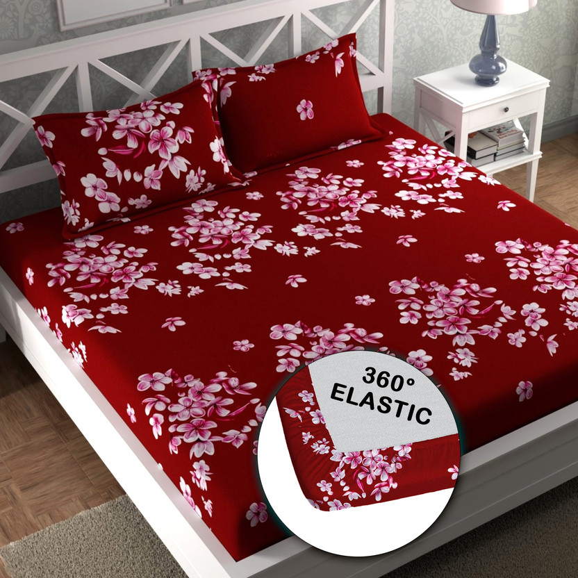 CG Homes Cotton Double Fitted (Elastic) 180 TC Printed 1 Bedsheet with 2 Pillow Covers(Red Flower)