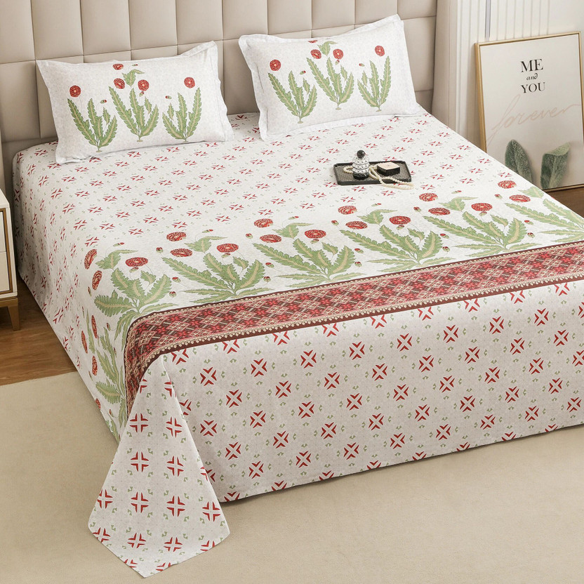Flipkart Story@home Cotton King Flat 260 TC Printed 1 Bedsheet with 2 Pillow Covers(White, Brick Red) - Flipkart Deal