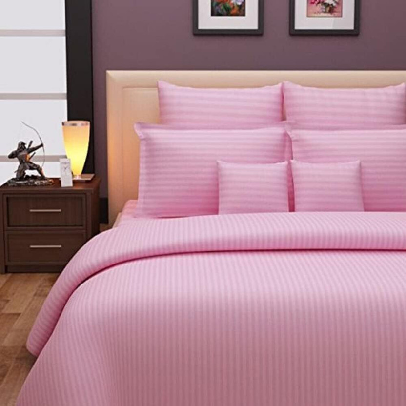 Parbhuji Satin King, Double Flat 300 TC Striped 1 Bedsheet(Pink)