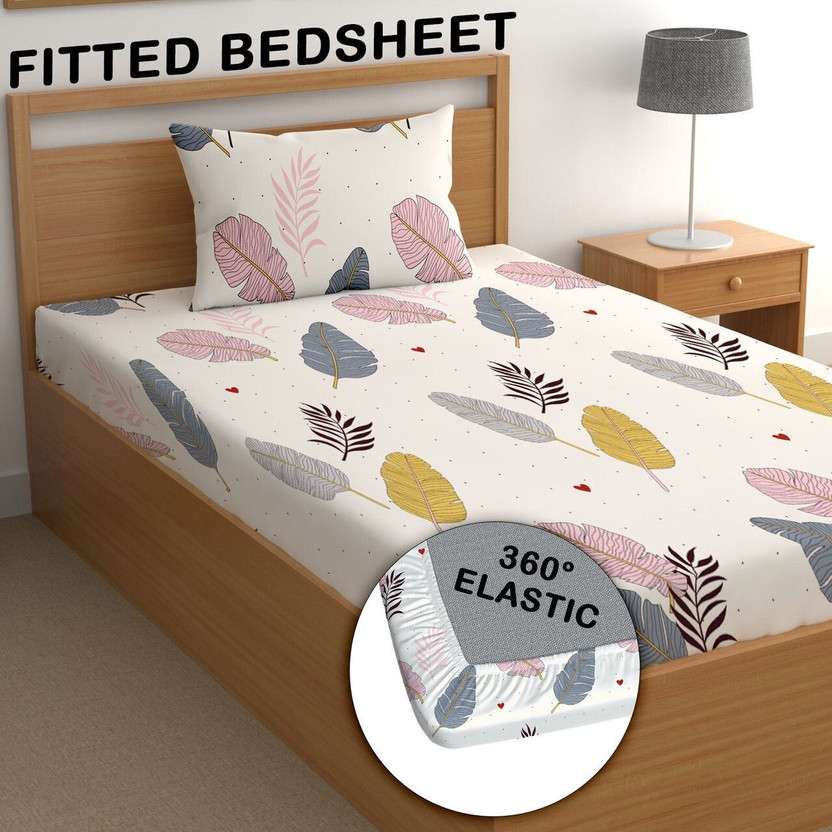 Moonroof Cotton Single Fitted (Elastic) 240 TC Printed 1 Bedsheet with 2 Pillow Covers(White, Pink)