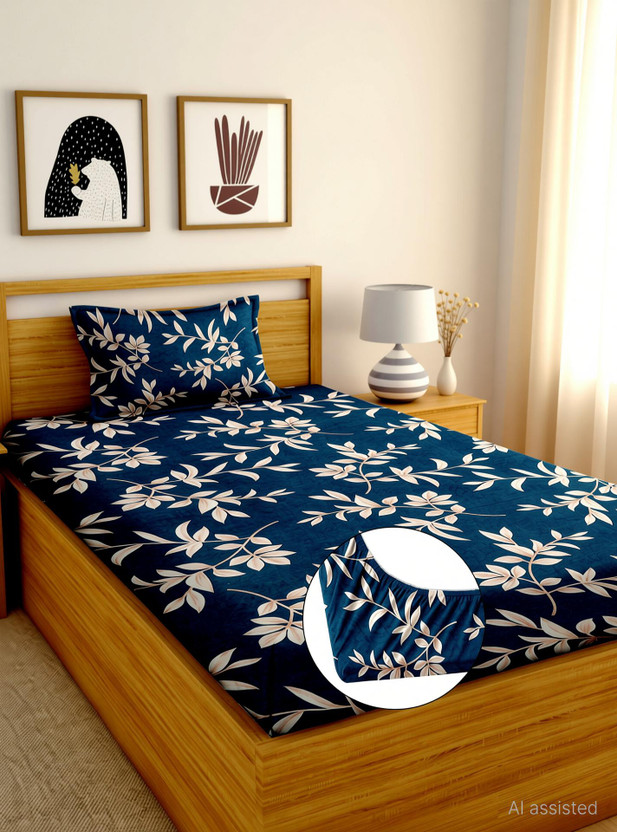Moonroof Cotton Single Fitted (Elastic) 240 TC Printed 1 Bedsheet with 2 Pillow Covers(Blue, White)