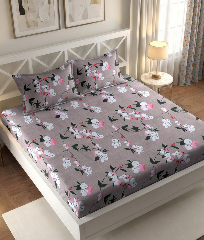 IWS Cotton Double Flat 144 TC Floral 1 Bedsheet(Pink, Brown)